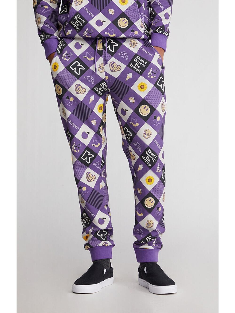 Kappa Purple Black Logo Edmar All Over Print Fleece Men's Jogger Pants XL NWT